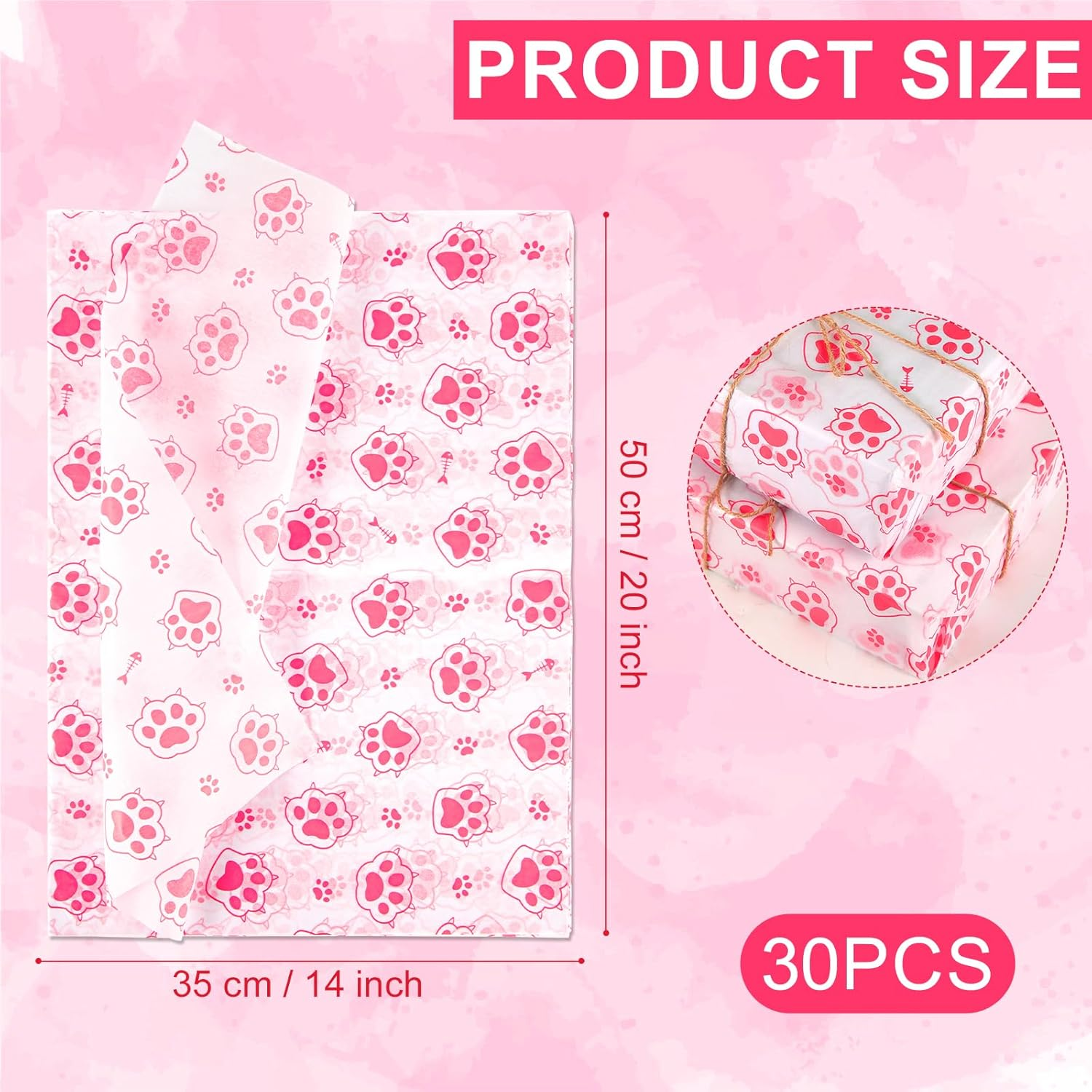 30Pcs Cat Paw Print Tissue Paper, 13.8X19.7In Cute Wrapping Tissue Paper Gift Wrap Paper Tissue Paper Sheets for Gift Packaging Wedding Birthday Party Supplies DIY Crafts (Pink) - Pink image number 3