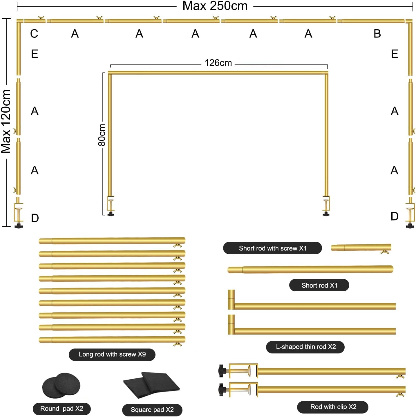 Springup over the Table Rod Stand with Clamps Adjustable 40-120 Cm Tall 55Cm-250 Cm Length Table Arch Hanging for Wedding Birthday Party Halloween Christmas Decoration (Gold) - White image number 6
