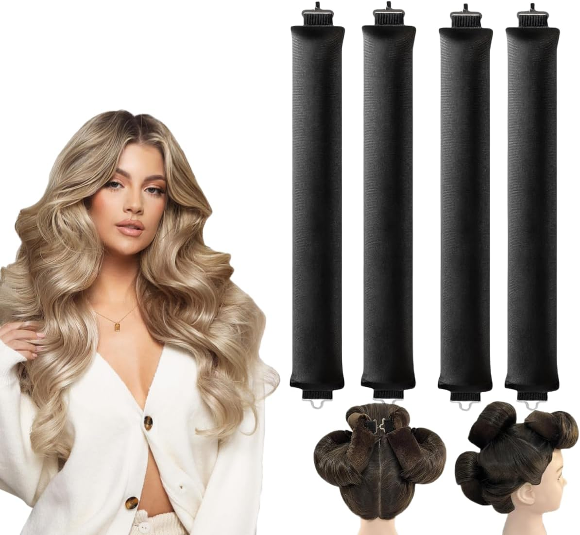 4PCS Heatless Hair Curler, Heatless Curlers Headband, Hair Curlers No Heat for All Hairs Types, Soft Hair Roller for Sleeping, Heatless Curling Set Overnight Curls (Black, 4 Pack (Without Silk Head Scarf))