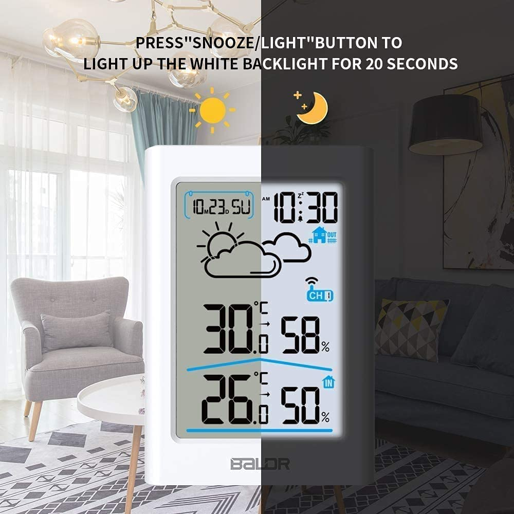 Wireless Digital Weather Station with Indoor/Outdoor Temp & Humidity. Digital Thermometer, Barometric Pressure, Forecast, Alarm, Snooze, Calendar and Backlit LCD. Ideal for Home or Office Monitoring