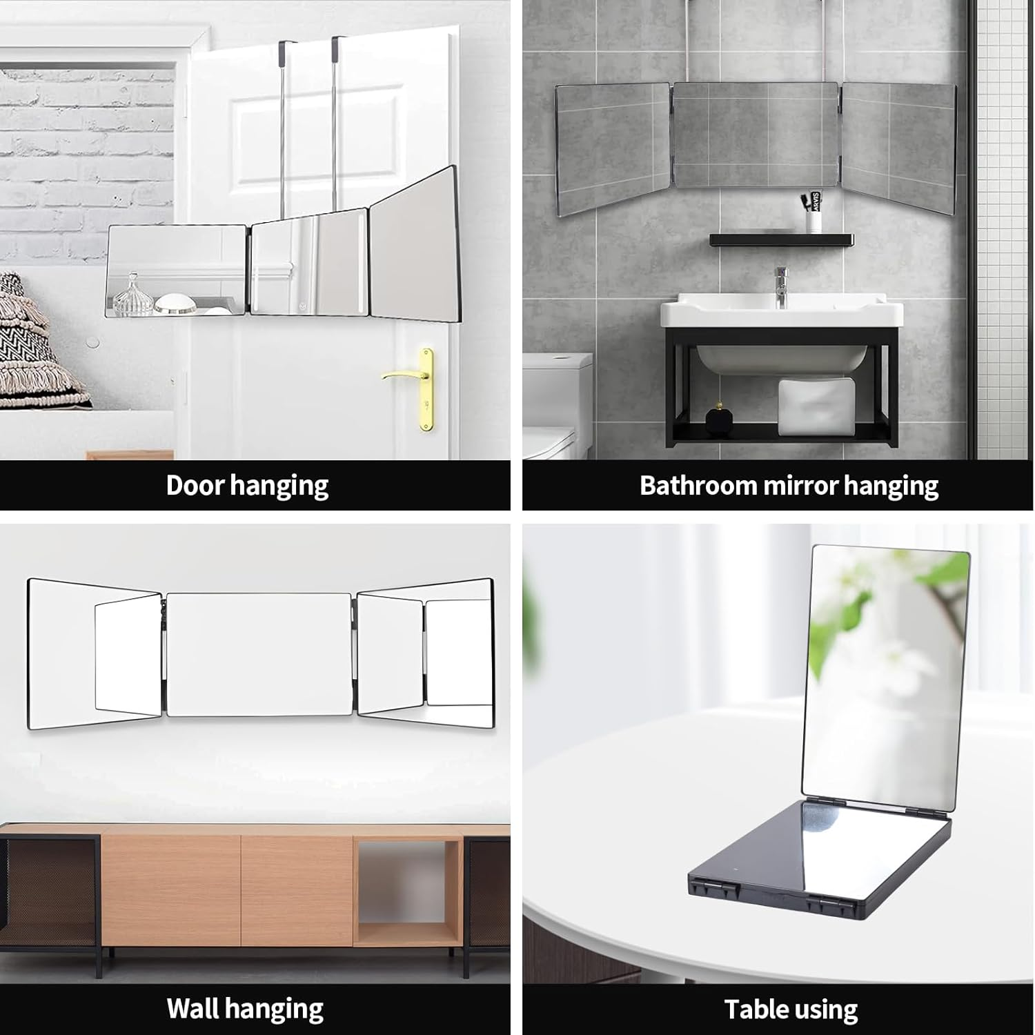 3 Way Mirror,360 Trifold Mirror with Height Adjustable Telescoping Hooks,And 5X Magnification Mirror,For Makeup, Hair Styling (Black) image number 3