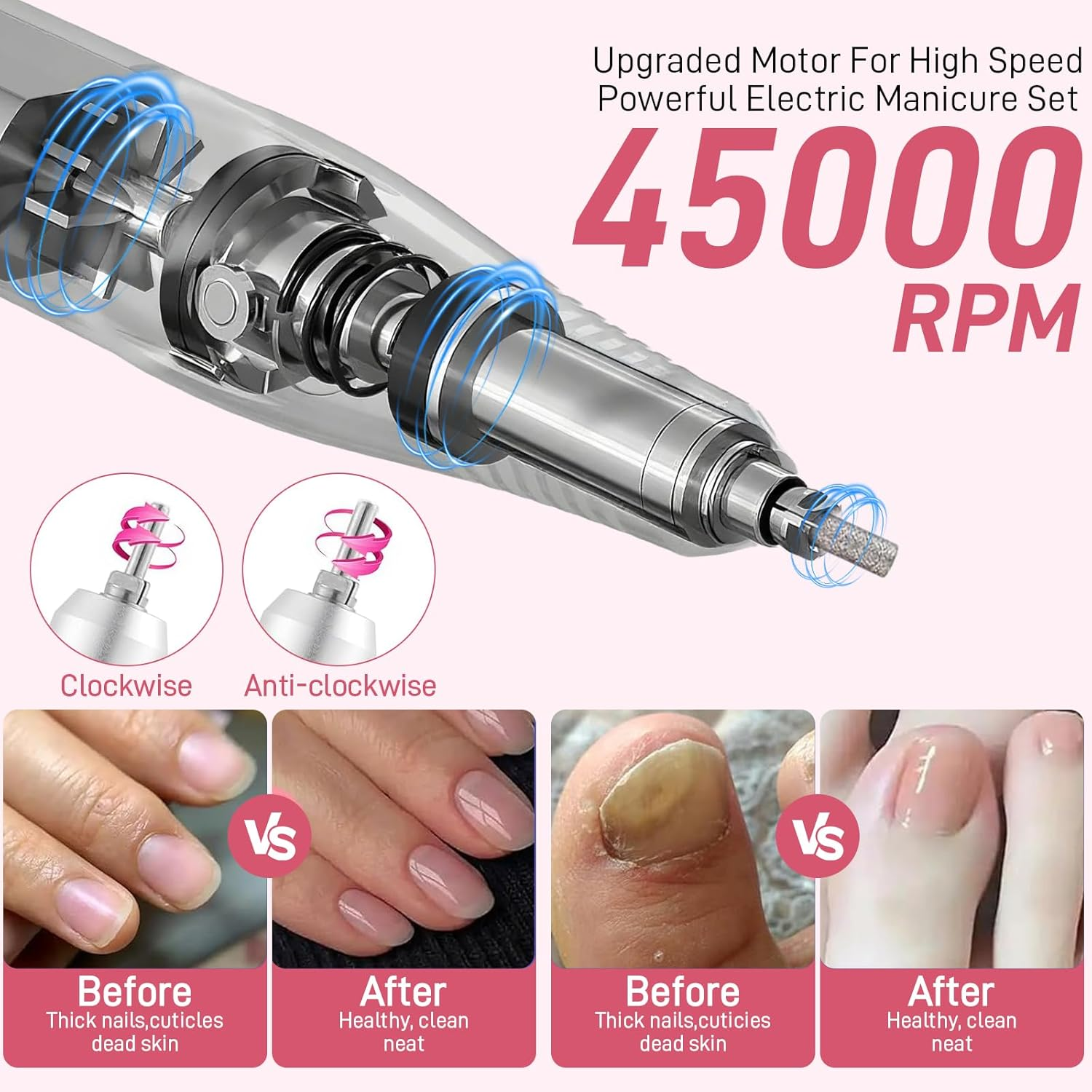 2-In-1 Cordless Nail Drill with Nail Lamp, Professional Rechargeable 45000 RPM Electric Nail File for Acrylic, Gel Nails, Manicure, Pedicure, Salon & Home Use