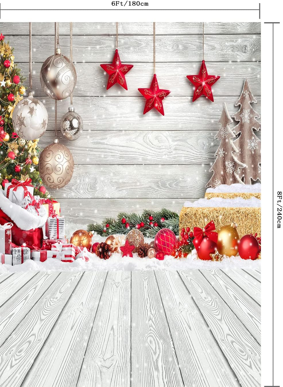Capisco Christmas Photography Backdrop White Wood Floor Backdrop Winter Snow Xmas Tree Balls Gift Family Festive New Year Photo Background Party Banner Supplies Decoration Backdrops 6X8Ft SCO456B image number 4