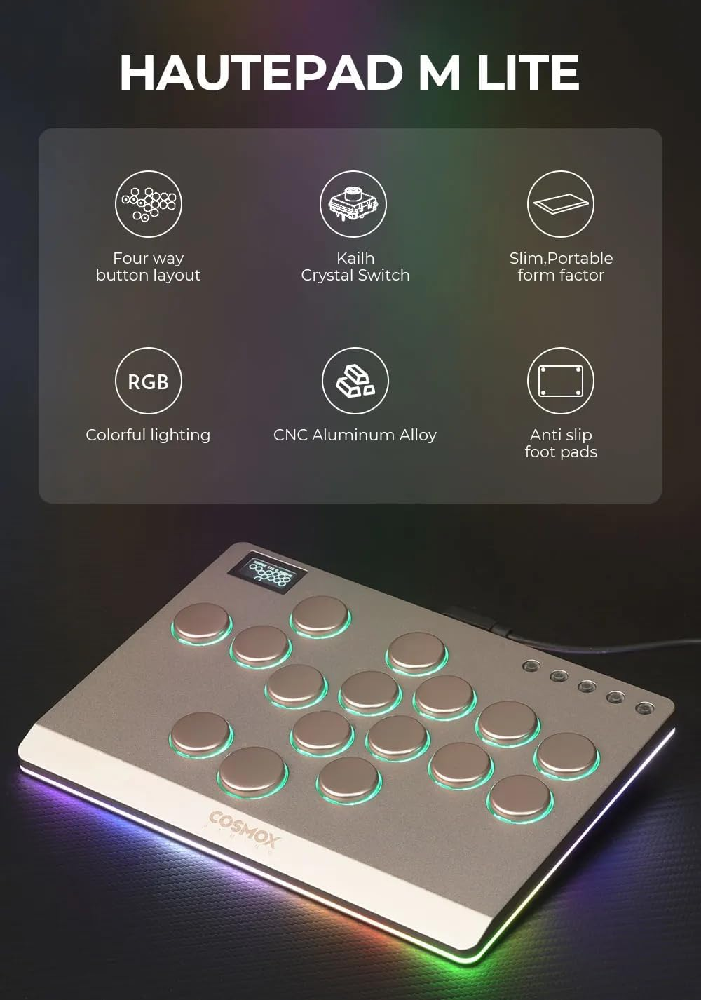 [Newest Ver. 2025 / CNC ALUMINIUM] COSMOX Hautepad M LITE Leverless Arcade Stick Compatible with PC/PS4/PS3 (16 Button) : - Low-Profile Crystal Switches - Slim Form Factor - RGB Lighting - USB Type C - Dark Grey