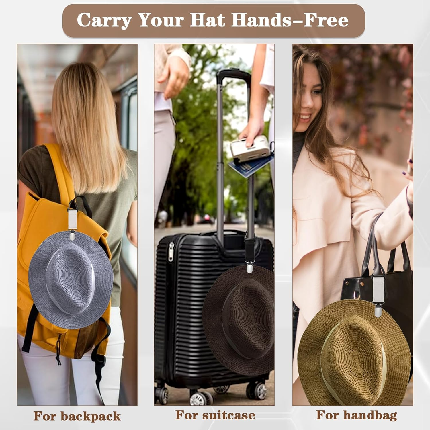 Mabor 4Pcs Hat Clips for Travel on Bag,Hat Clip,Hands-Free Quick Access & Removal,Travel Accessories,Outdoor Bags, Backpacks, Purses,Beach Hat Totes for Women Girls Beach, Black, White, Khaki, Silver image number 6