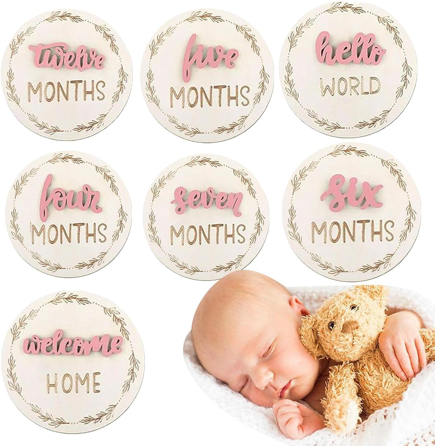 Baby Growth Cards, Double Sided Baby Announcement Sign - Decorative Month Marker Discs, Wooden Birth Growth Cards Photo Props for Boys Girls image number 3