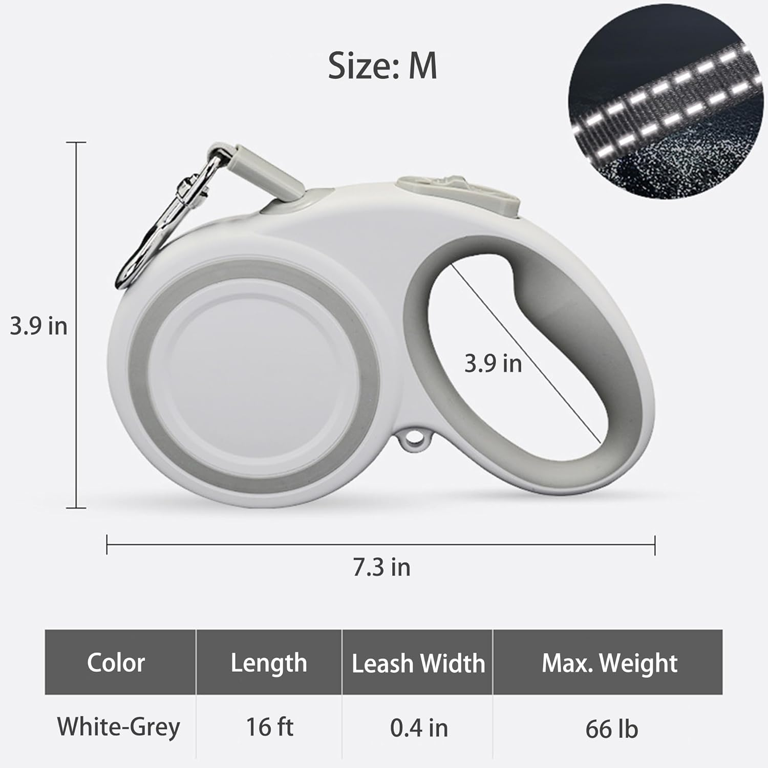 XCXQ 360&deg; Retractable Dog Leash, Strong Reflective Nylon Tape Lead 16 Ft Dog Walking Leash, up to 66Lbs, Anti-Slip Rubberized Handle, One-Handed Brake, Tangle Free, White-Gray (Medium) image number 5