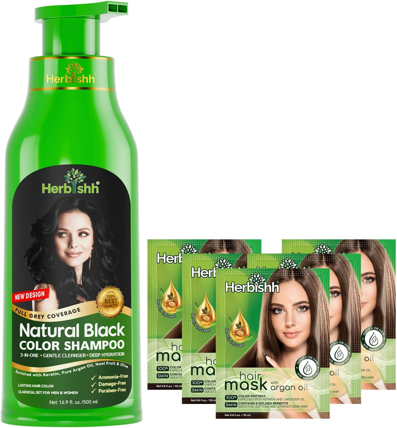 Herbishh Combo Chestnut Brown Hair Color Shampoo 500Ml + Hmask Pack of 5 + Chestnut Brown Travel Pouch &ndash; 3-In-1 Ammonia-Free Hair Dye, Cleanser & Conditioner &ndash; Long Lasting 3&ndash;4 Weeks &ndash; for Women & Men