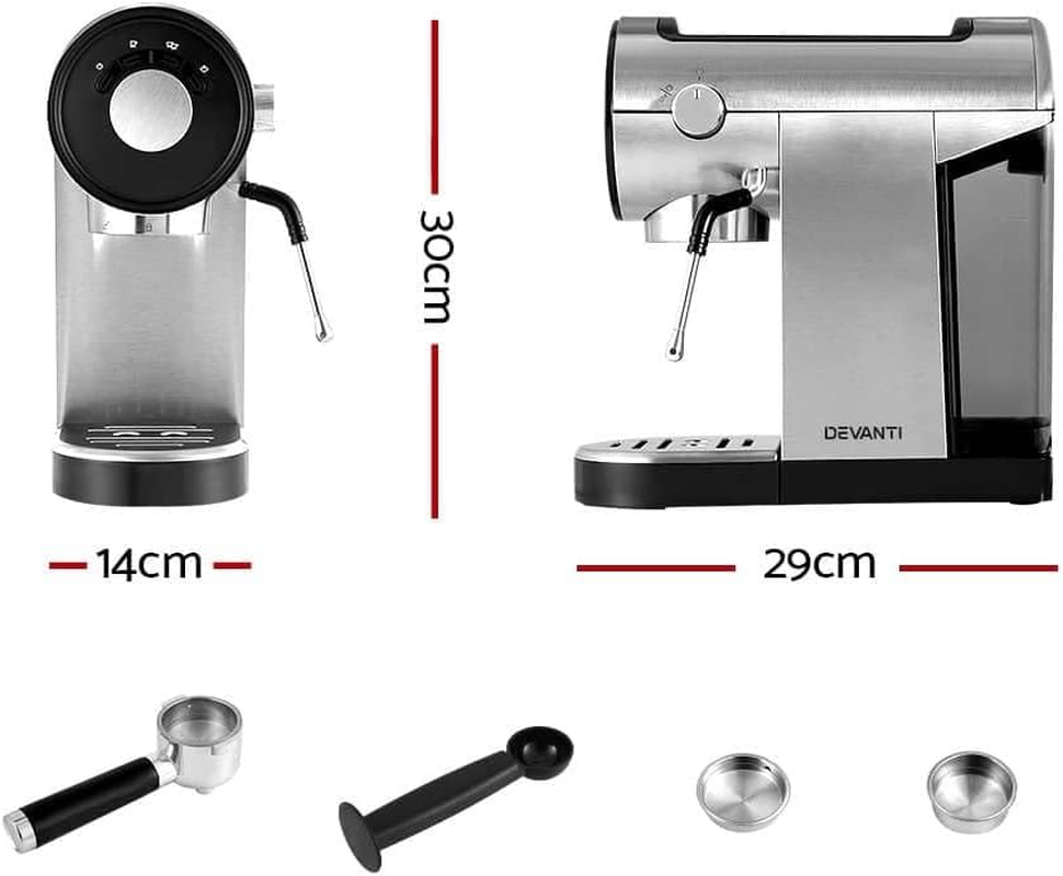Devanti Coffee Machine, 20 Bar Barista Express Espresso Maker Pod Cafe Cup Latte Cappuccino Milk Frother Machines, with Powerful Pressure Pump Removable Drip Tray and Water Tank Stainless Steel image number 1