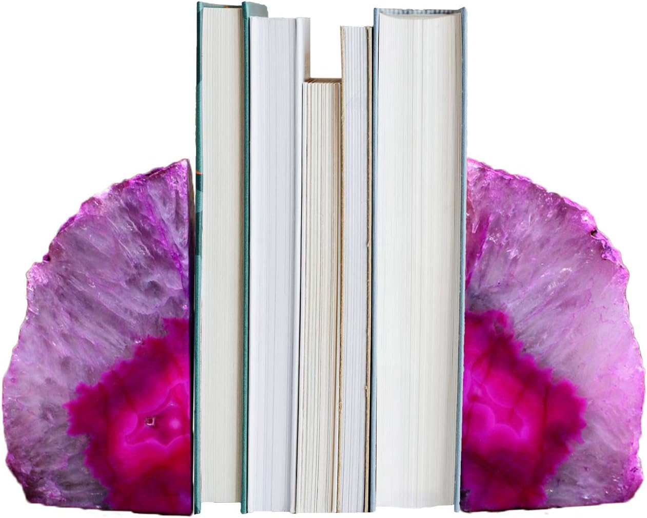 AMOYSTONE Brazilian Rock Bookends 1 Pair Pink Agate Geode Bookends 3-4 Lbs for Video Games Cds Unique Bookends Home Decorative image number 3