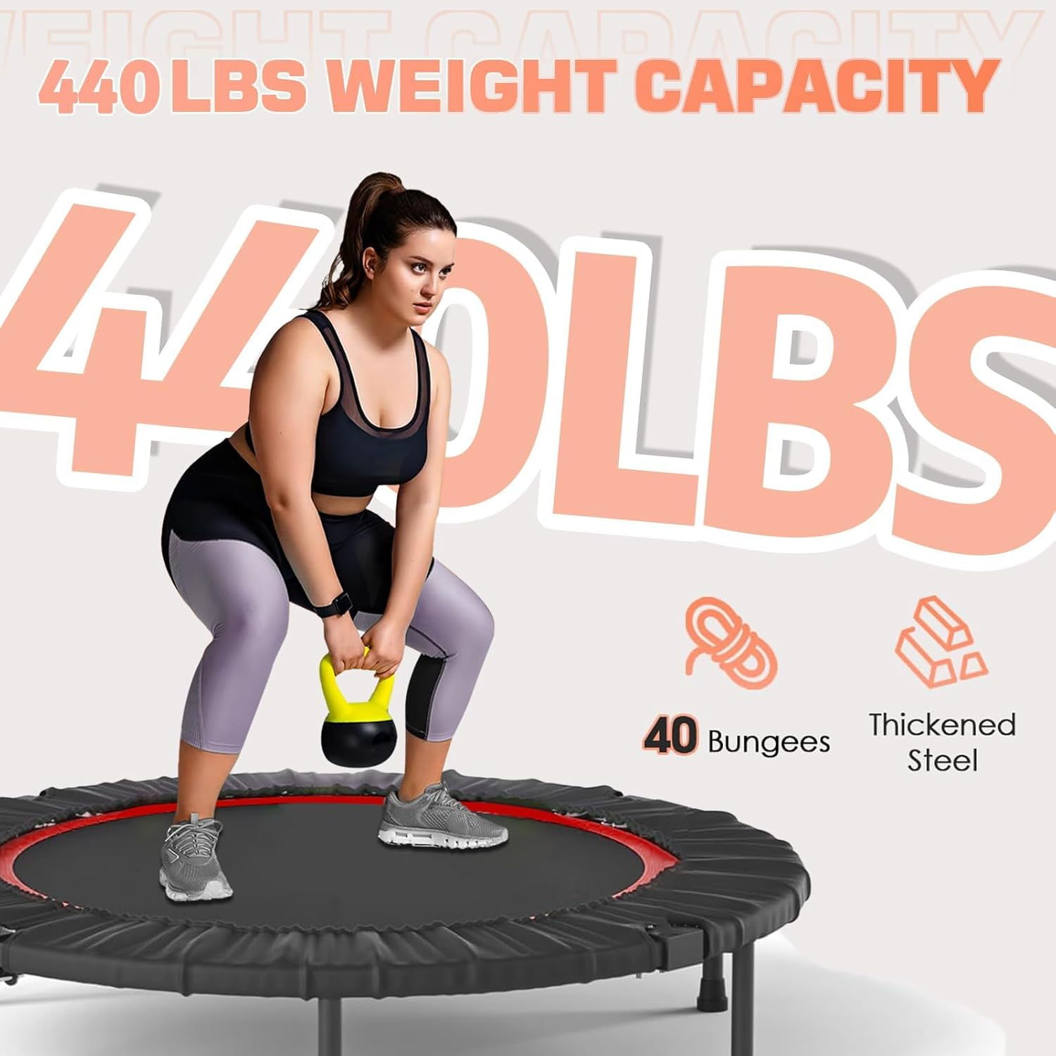 40"/ 48" Foldable Mini Trampoline, Indoor Trampoline for Kids, Adults Indoor/Garden Workout, Fitness Rebounder with Adjustable Foam Handle, Max Load 440/550 Lbs image number 1