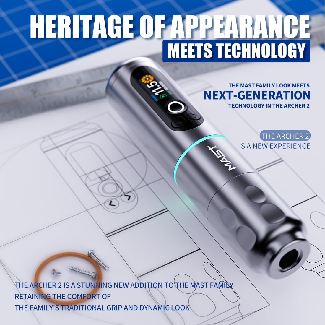 Mast A2 Wireless Tattoo Gun Pen Machine Rotary Mcore Power Motor Supply 5,000Mah Battery for 20 Hours Long Running Time