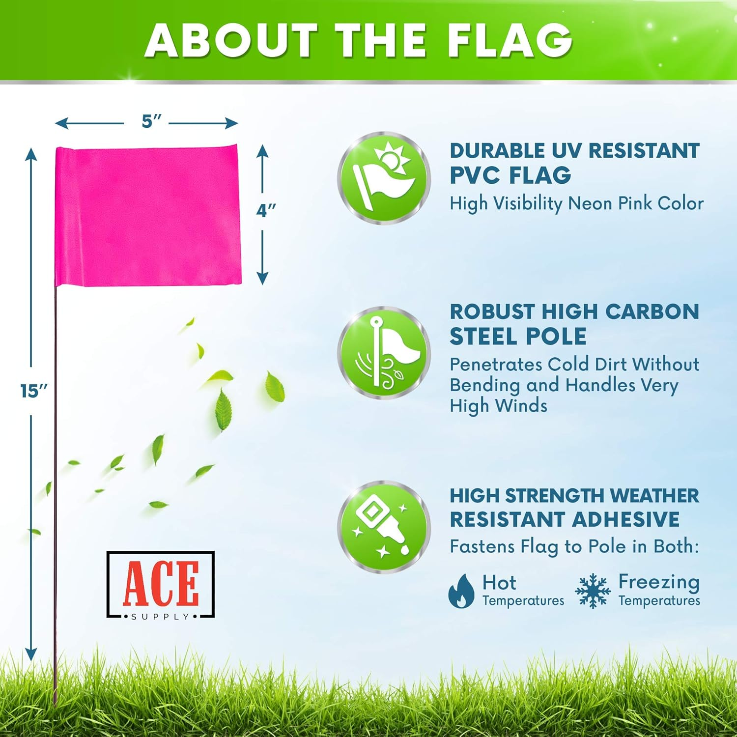 ACE Supply Pink Marking Flags 100 Pack - - 4X5-Inch Pink Flag on 15-Inch Wire - Small Yard Flags, Marker Flags for Lawn, Irrigation Flags, Lawn Flags Markers, Landscape Flags, Survey Flags, Sprinkler Flags, Compatible with Invisible Fence Flags image number 3