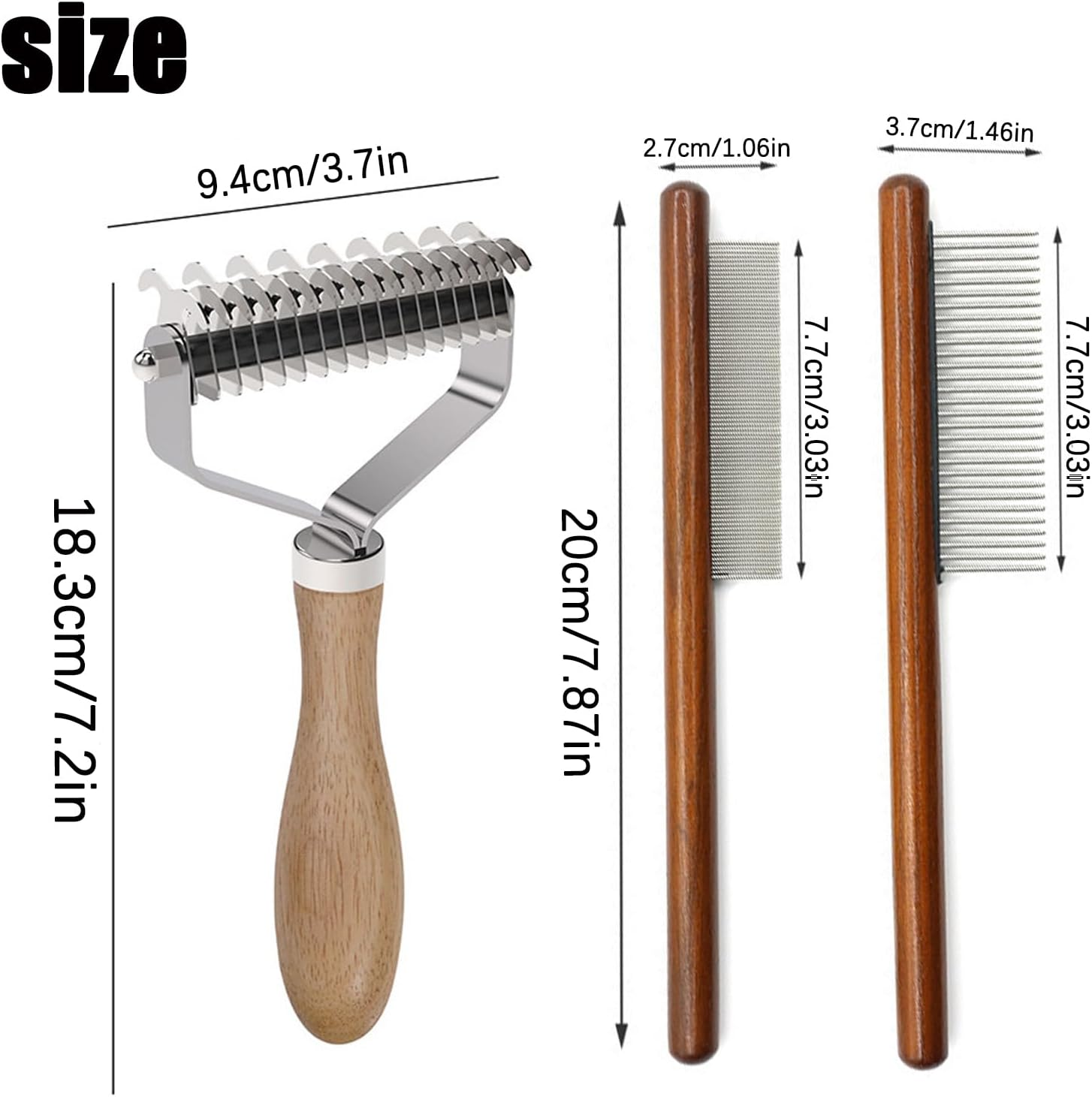 3 Pack Dog and Cat Dematting Kit,Undercoat Rake,Shedding Brush and Combs,Premium Wood Handle Grooming Set for All Breeds Removes Mats, Reduces Shedding, Prevents Tangles image number 2