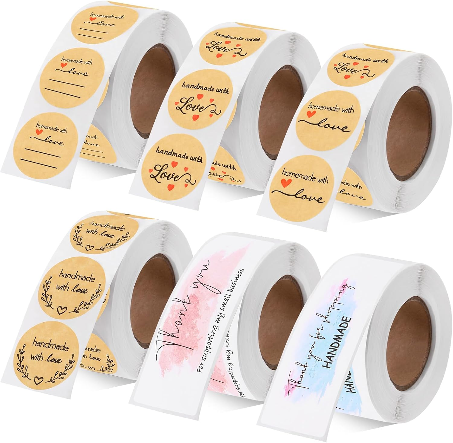 Swpeet 2240Pcs 1 Inch 4 Rolls Brown Kraft Love Stickers Printing in 5 Styles 500 per Roll & 2 Rolls Thank Stickers 120 per Roll Assortment Kit, Waterproof and Self-Adhesive Stickers (In Total 6 Rolls)