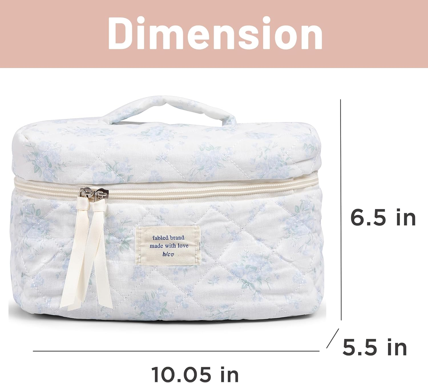 Makeup Bag Large Travel Quilted Cosmetic Makeup Bag Organizer, Floral Cotton Coquette Aesthetic Toiletry Bag for Women Girls, Blue Romantic Rose-L, Floral - Blue Floral image number 6