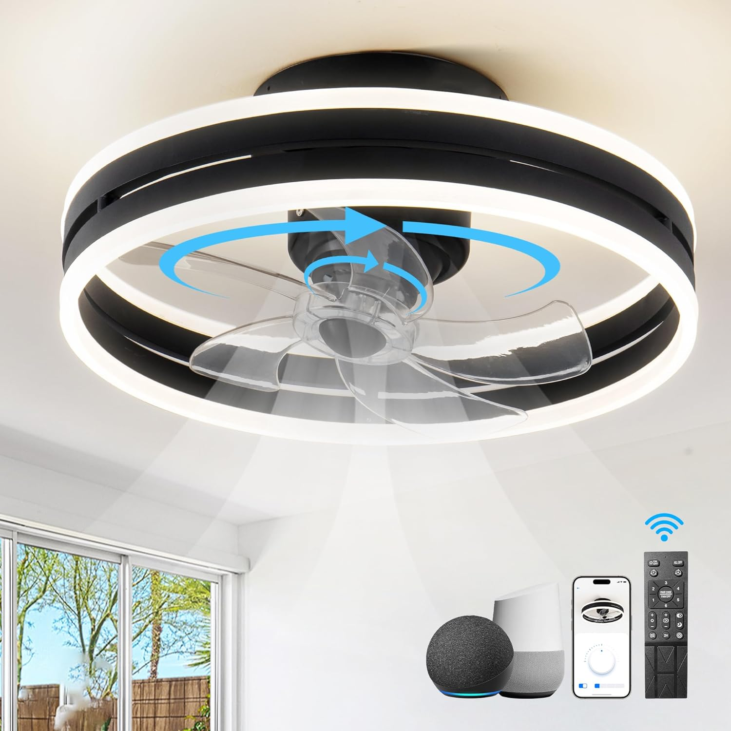 360&deg; Oscillating Ceiling Fans with Light and Remote,Smart Ceiling Fan with Alexa/Google Assistant/App Control,Ceiling Fans with 6 Speed Reversible Blades for Bedroom,Crystal-Like Lampshade