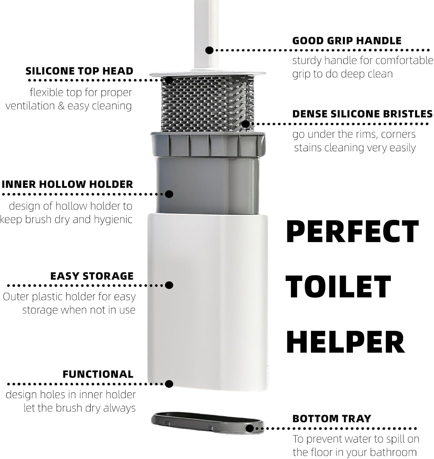 2 Pcs Toilet Brush and Holder Silicone Wall Mounted and Standing Toilet Brush for Bathroom, Set of 2 Cleaning Brushes, Flexible TPR Bristles (White) image number 5