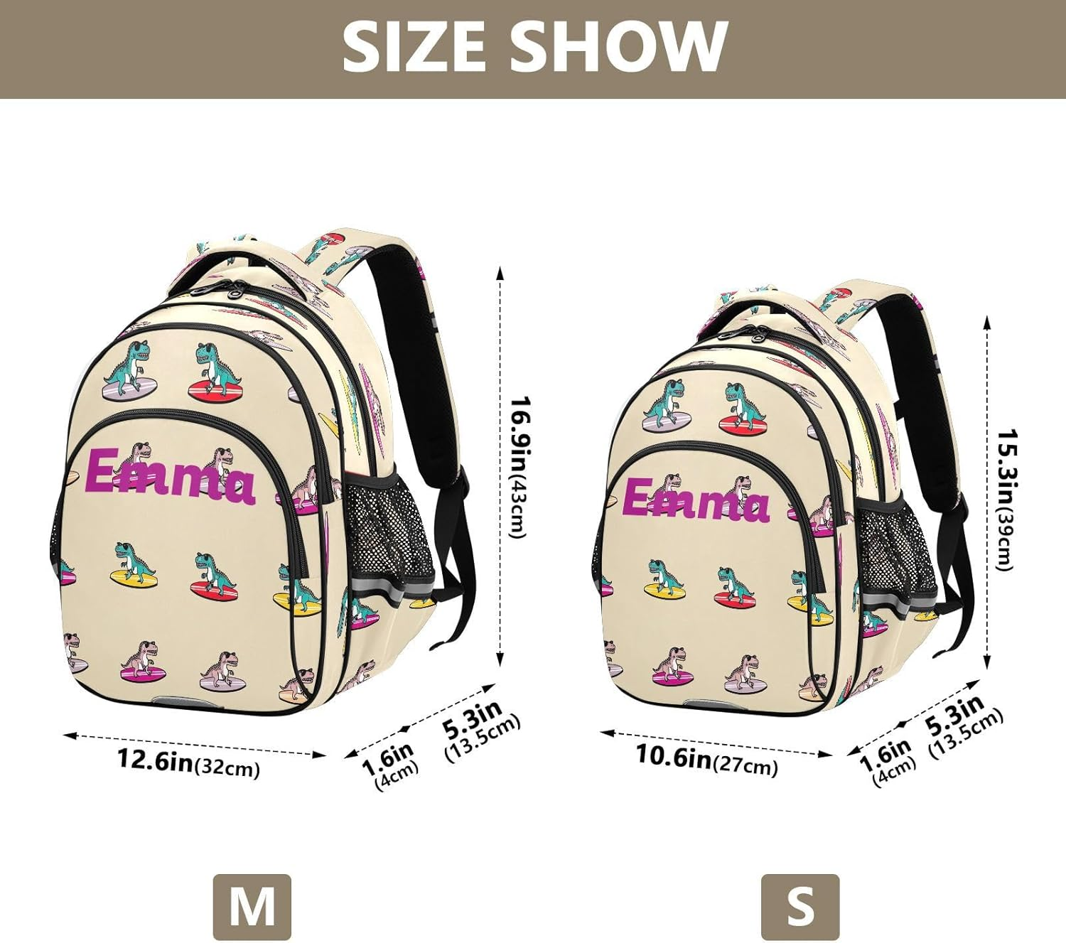 Personalized Cartoonish T Rex Beige Kids School Backpack for Boys Girls Ages 3-5, Cute 15 Inch Elementary Kids Backpack image number 6