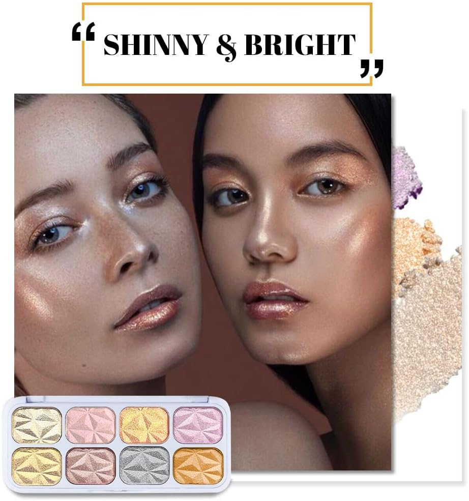 8 Colors Highlight Eyeshadow Palette,Sparkle Highlighter Shiny Eye Shadow Plate Pigmented Glitter Eyeshadow Professional Makeup (Highlighter) image number 3