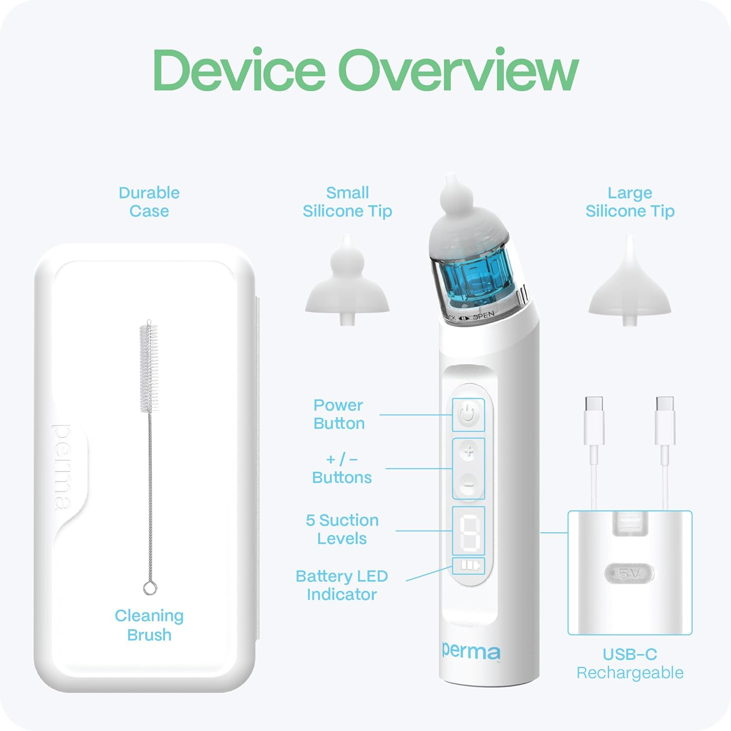 Perma Electric Nasal Aspirator, Strong Adjustable Suction with 5 Levels, Soft Silicone Tips for Newborns and Toddlers, Quiet Rechargeable Design, 130-Minute Runtime, Easy Clean, Includes Multiple Tips and Case image number 5