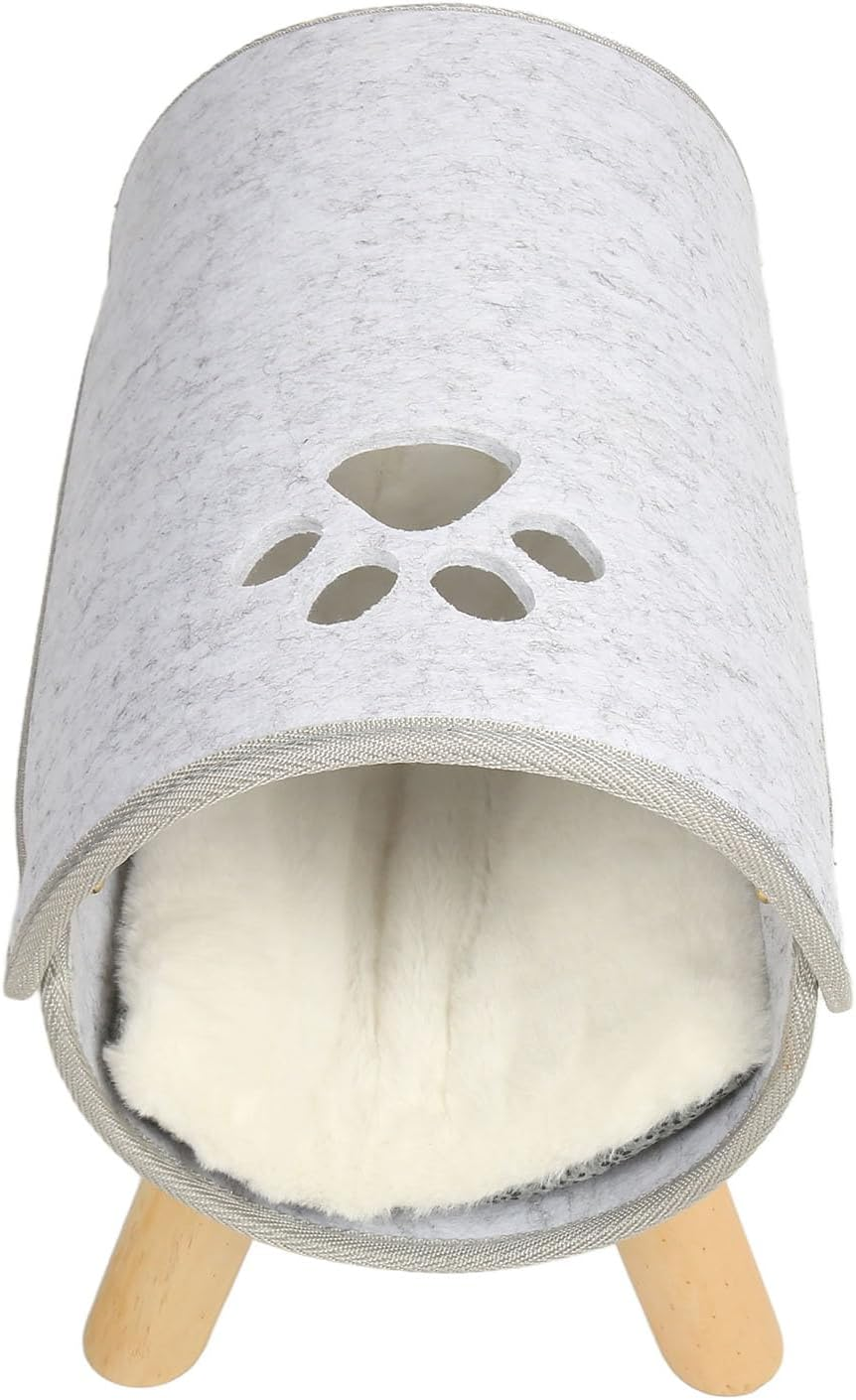 Cat Cave for Indoor Cats,Cat Tunnel Bed with Wooden Legs Soft Comfortable Elevated Cat Tunnel Bed with Plush Cushion for All Seasons
