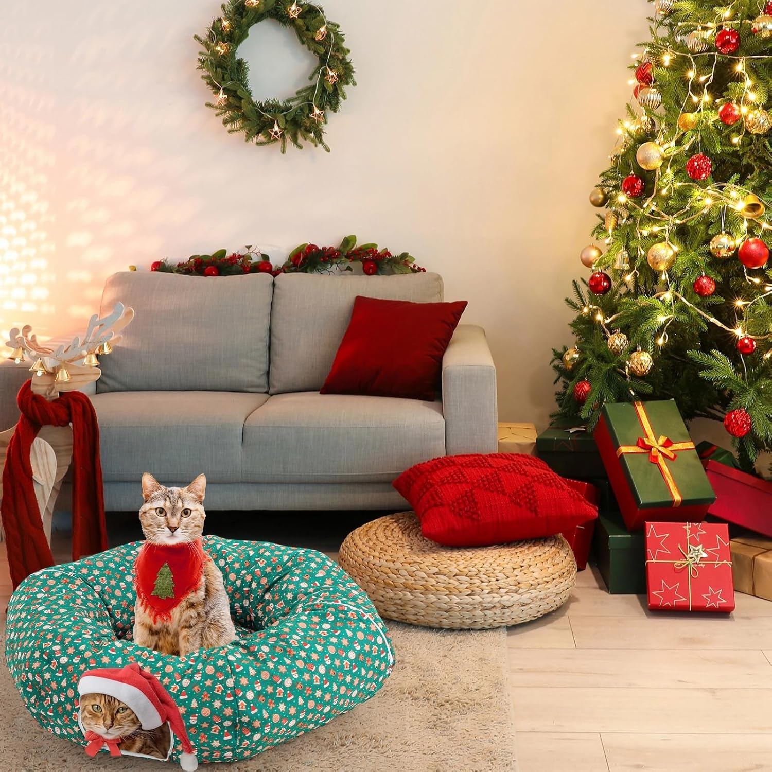 Yeyeplum Cat Tunnel Bed Indoor 3 Ft X 3 Ft X 10 Inch Kitten Donut Tunnel with Ball Peekaboo Cat Cave Summer Pet Bed round Hideaway Holiday Circle Cave Pets Gift(Green,Santa Claus)