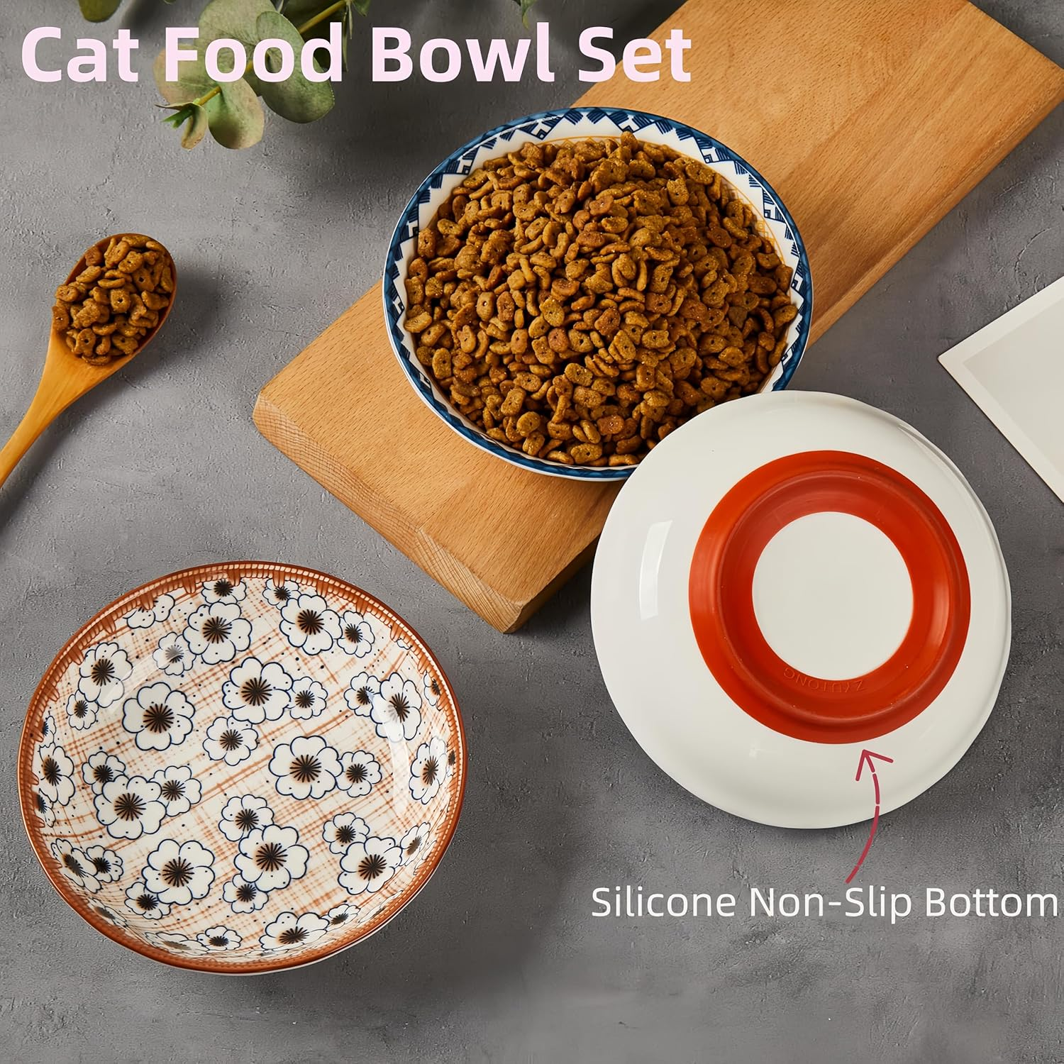 3 Pack Non-Slip Cat Food Bowl, No Spill Ceramic Cat Bowls, anti Whisker Fatigue Cats Dish Set for Indoor Cats, Shallow Wide Kitten Dishes for Food, Boho Kitten Bowls with Silicone Bottom image number 3