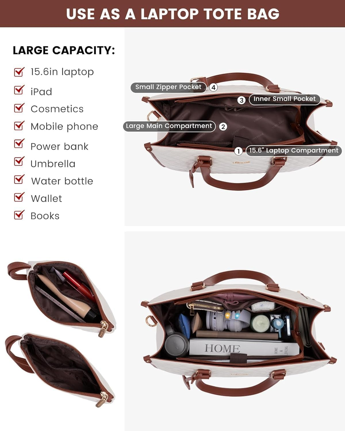 APEXORIGIN Lunch Tote Bag for Women, 15.6 Inch Laptop Bag with Insulated Lunch Compartment, Quilted Large Capacity Computer Handbag with Purse for Business, Work, Nurse, Office, Collage, Casual - White image number 5