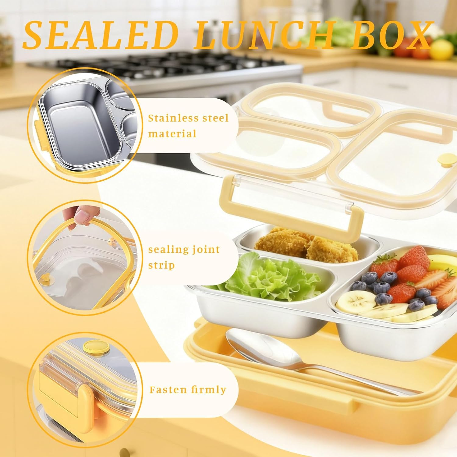 Lunch Box with Compartments, Stainless Steel Lunch Box for Children & Snack Box with Compartments, Bento Box 3 Compartments, Leak-Proof Stainless Steel Snack Box for School & Office image number 6