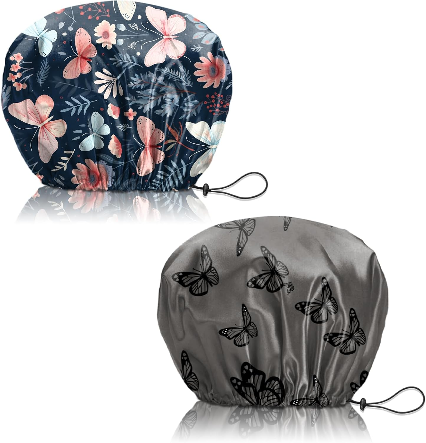 Deokke 2 PCS Shower Cap Reusable Large Waterproof Adjustable Double Layer Elastic Dry Hair Bathing Caps Aesthetic Cute for Women Girls-Butterfly Flower