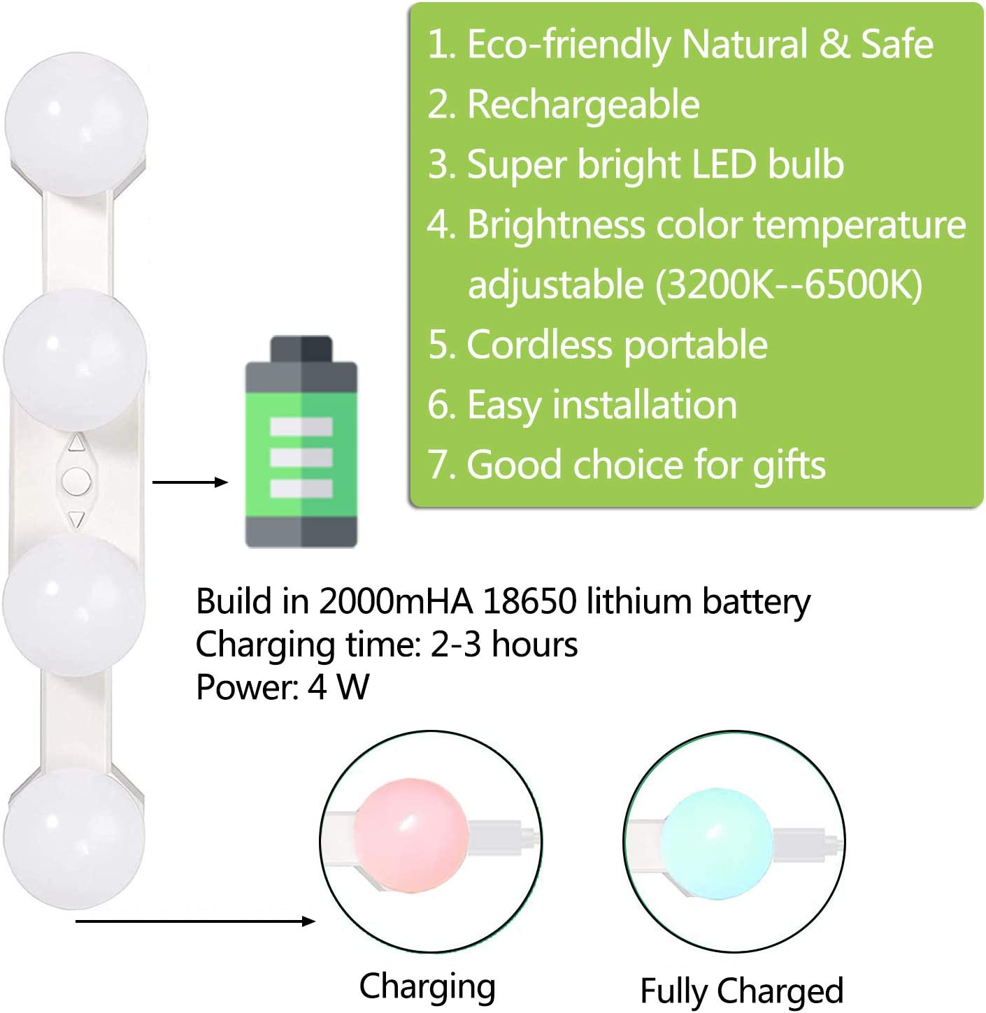 Makeup Lights Cordless Portable, LED Vanity Mirror Light Kit Hollywood Style USB Rechargeable, 4 Dimmable Bulbs Multifunction Fill Lights Battery Powered for Dressing Table Bathroom (No Mirror) image number 5