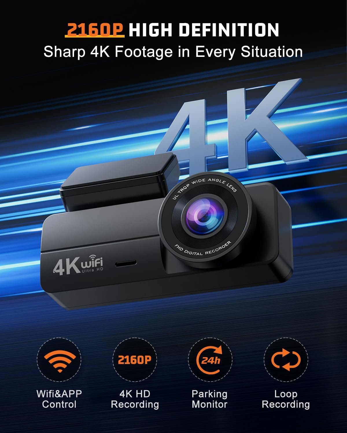 Dash Cam Front and Rear 4K+1080P, Dash Cam Inserted 64GB SD Card, Built-In Wifi, Super Night Vision, 24H Parking Mode, G-Sensor, Loop Recording, Time-Lapse, WDR, 170&deg;/140&deg;, F1.8 Aperture, 4-Layer Lens