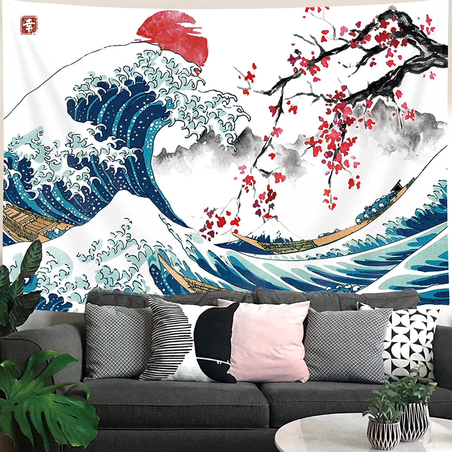 MERCHR Japanese Wave Wall Tapestry, Cool Ocean Wave Decoration, Asian Anime Mount Red Sun Cherry Blossom - 60X40 Inches