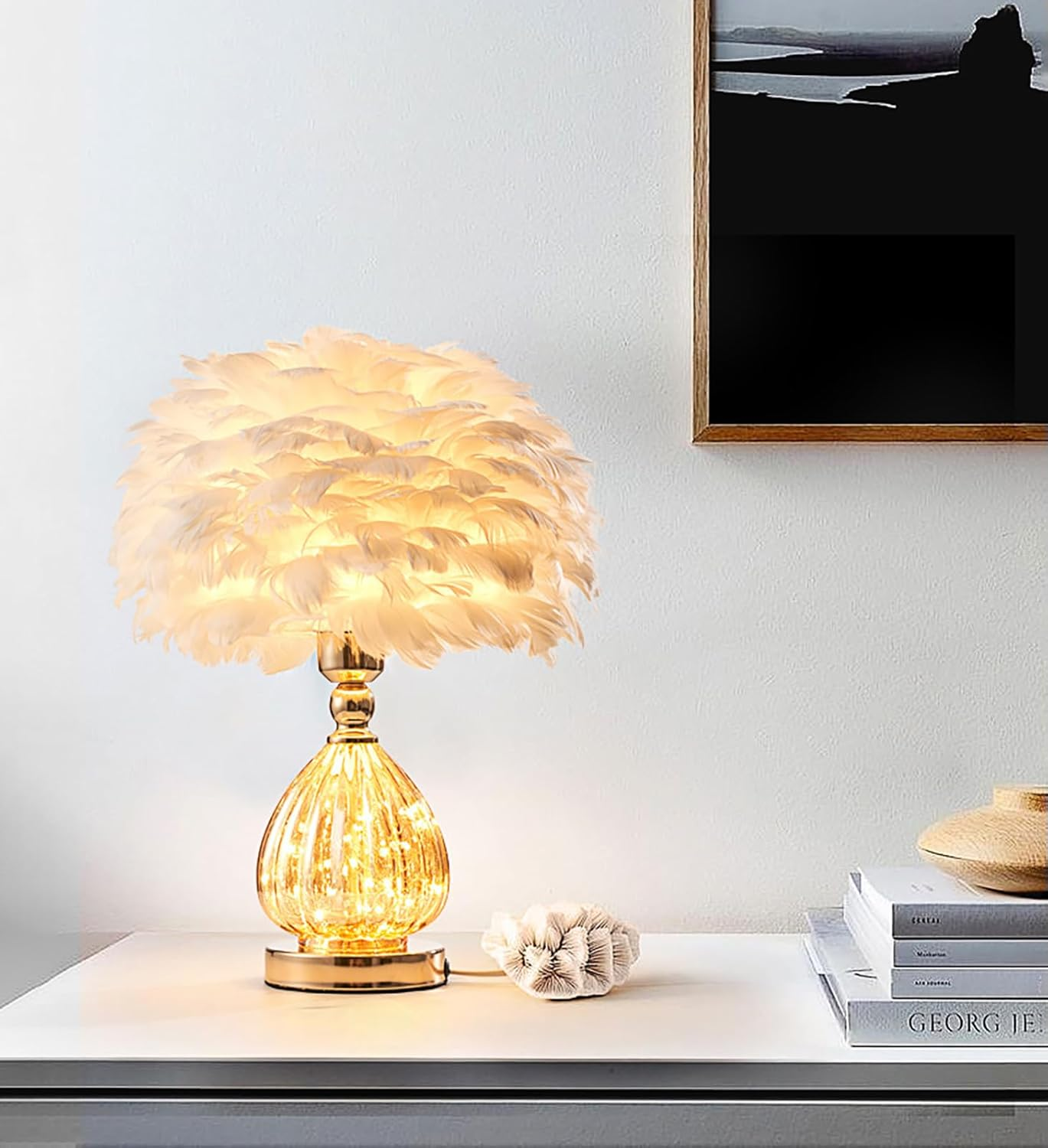 Feather Table Lamp, Charming Bedside Table Lamp, 3 Colour Dimmable Lamp, Modern Creative Decorative Atmosphere Light (White)