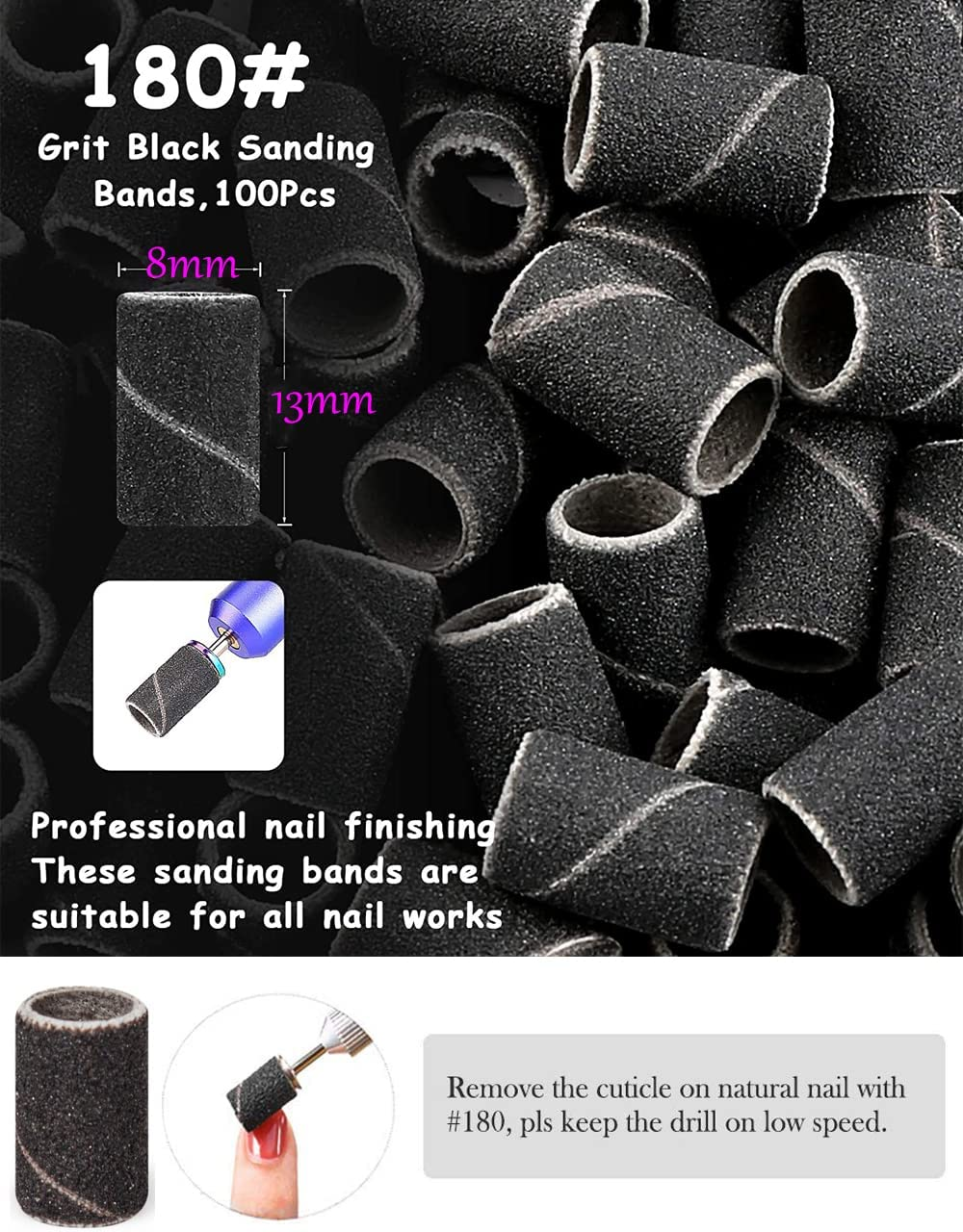 300 Pieces Sanding Bands with Storage Box and 1 Nail Drill Mandrel Bit, Beauties Factory Filing Sand Replacement Pieces for Nail Drill Machine Set, Brown 80#, White 120# and Black 180# Grits (300PCS)