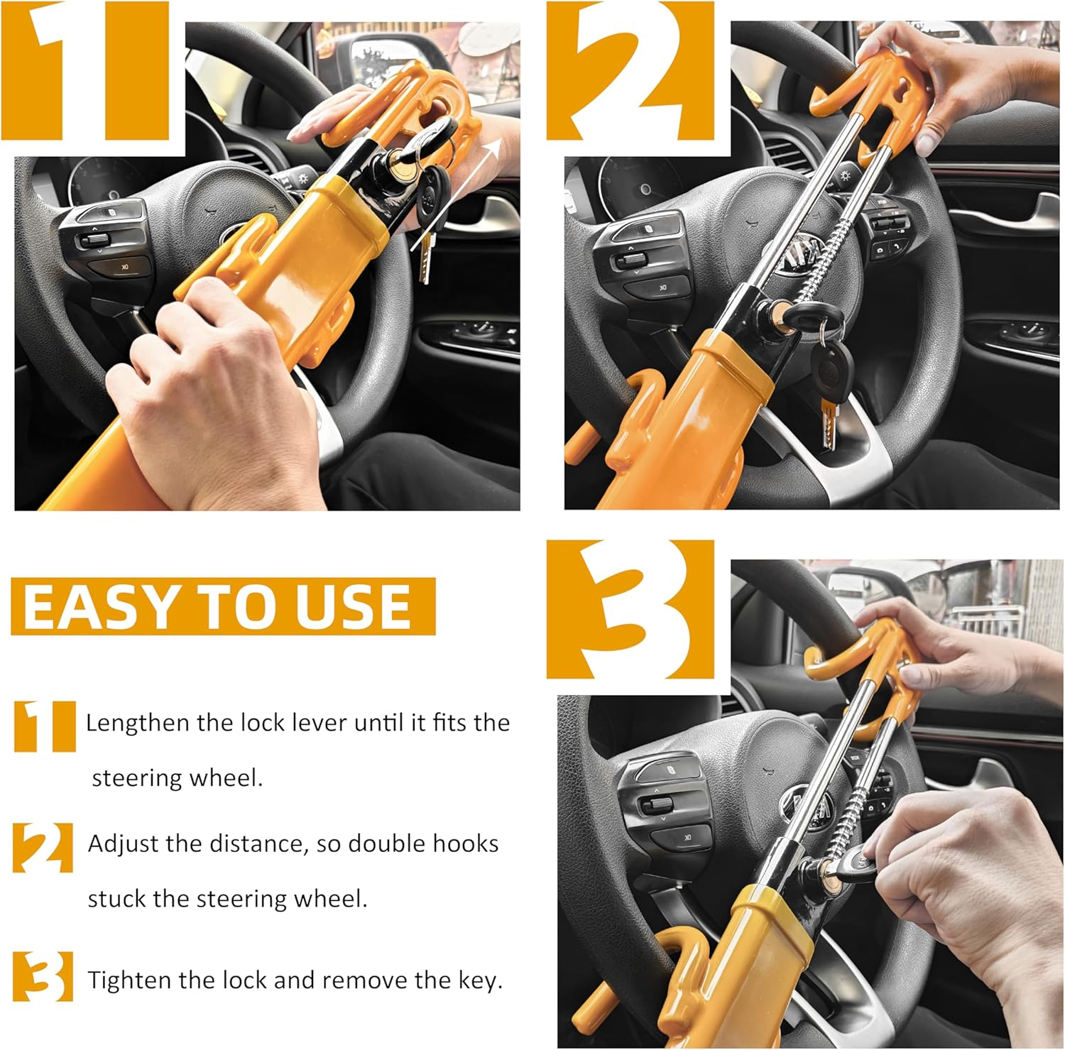 KNFRXO Steering Wheel Lock for Car Universal Adjustable Length Anti-Theft Device Car Locks Double Hook Locks for Car SUV Pickup Truck Van(Yellow) image number 2