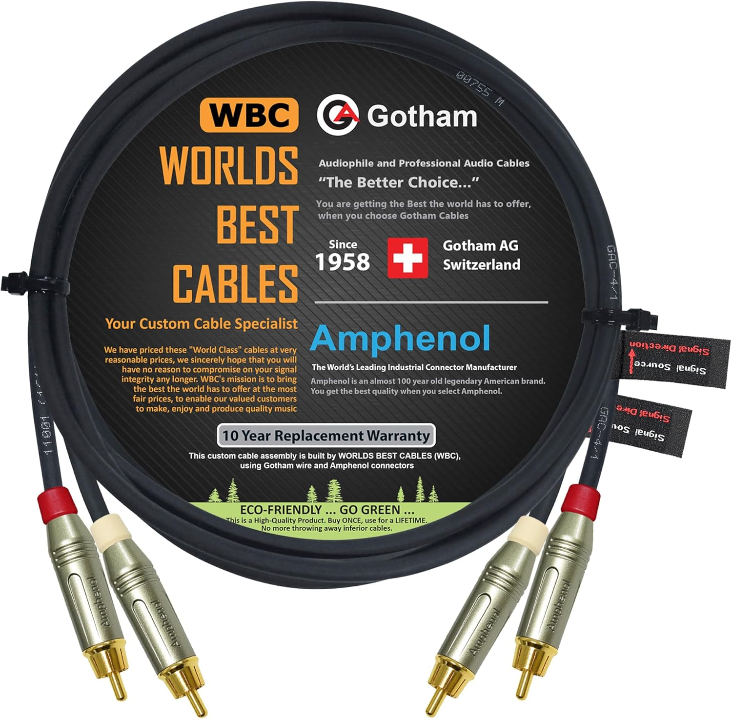 5 Foot RCA Cable Pair - Gotham GAC-4/1 (Black) Star-Quad Audio Interconnect Cable with Amphenol ACPR Die-Cast, Gold Plated RCA Connectors - Directional image number 4