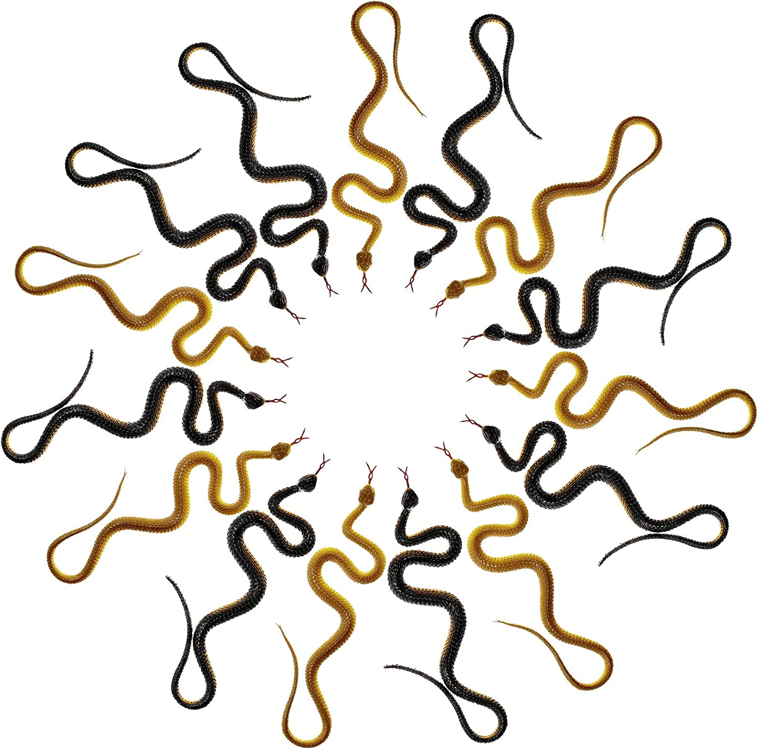 Skylety 15 Pieces Rubber Snakes Realistic Snake 17. 7 Inch Fake Plastic Snake Props for Garden Props to Keep Birds Away, Pranks, Halloween Decoration(Yellow, Black)