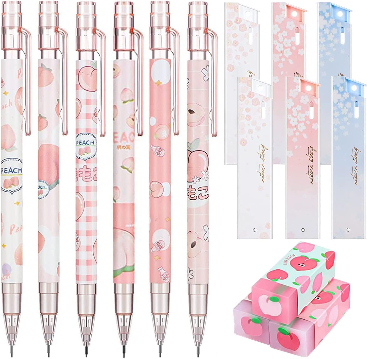 Kawaii Mechanical Pencil Set Include Peach Mechanical Pencils with Tubes 0.5 Mm Pencil Refills and Cute Juice Peach Erasers for Writing, Drawing, Sketching, Architecture (15 Pieces) image number 6