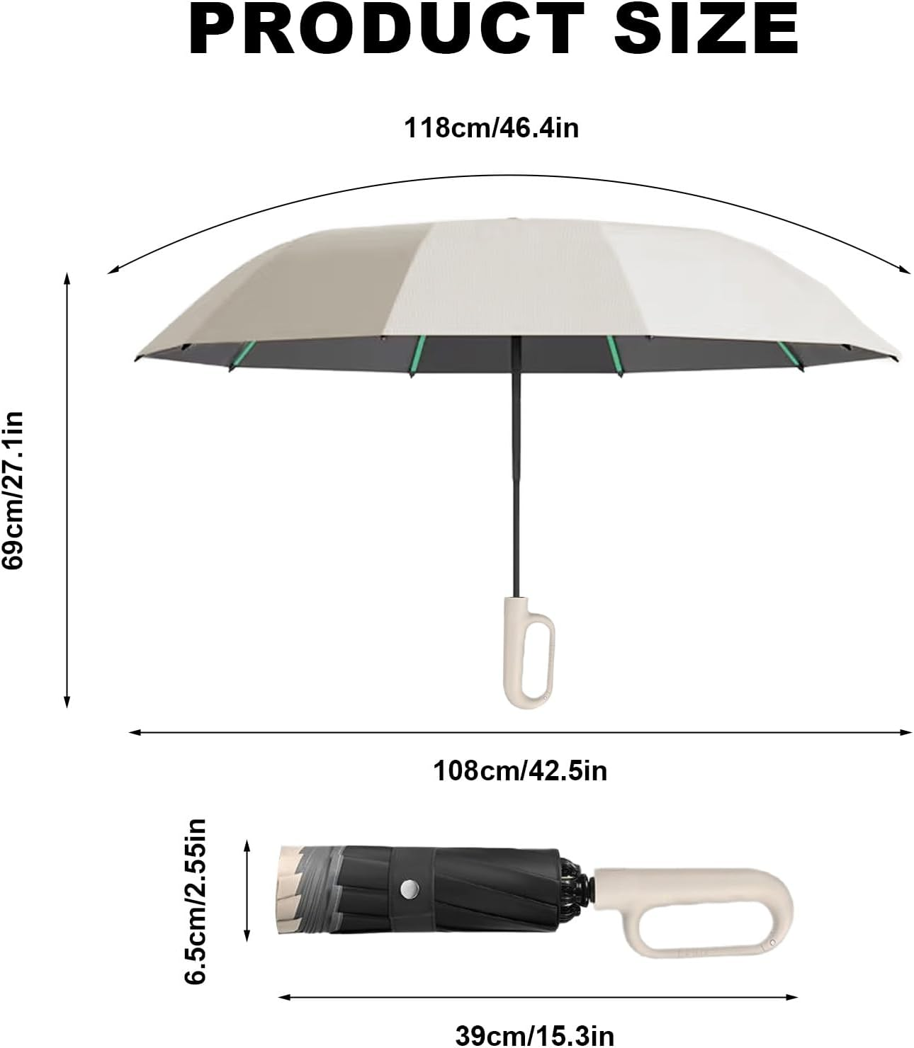 Folding Umbrellas, Automatic Extra Large Compact for Sun & Rain &ndash; Windproof Travel Parasol with Hooking Handle, Inverted Dry Close & Safety Reflective Strips (Beige) image number 3