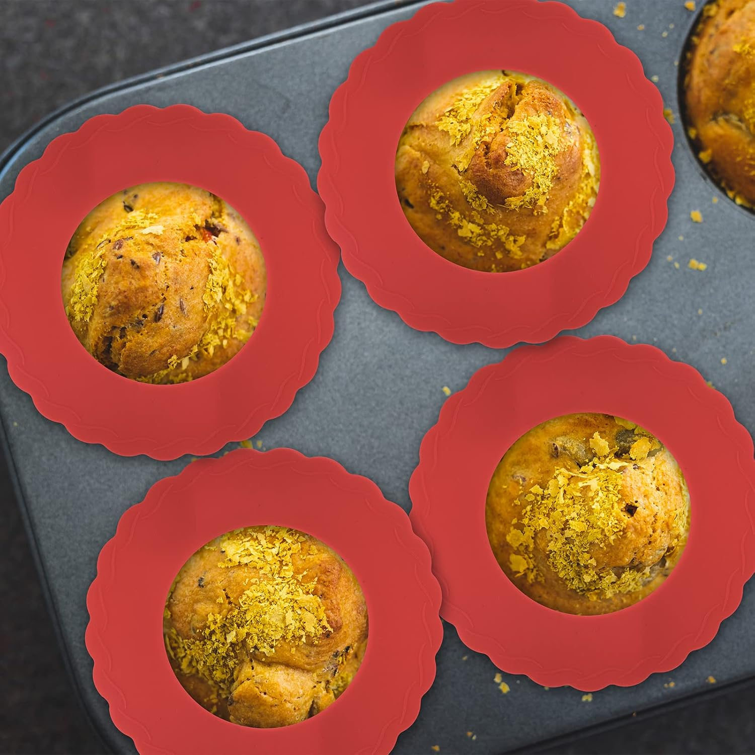 Pie Dish Set Including Mini Pie Pans Nonstick 5 Inch Metal Bakeware and Silicone Crust Protector 3.5-6.4 Inch Kitchen Baking Cover to Protect Edge from Burning, Red(16 Pcs) image number 1