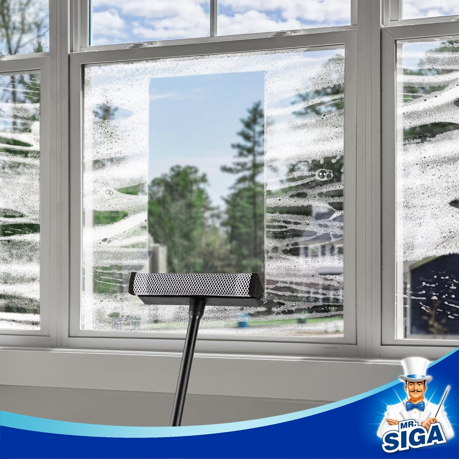 MR.SIGA Professional Squeegee for Car Windshield Cleaning, 2 in 1 Shower Door Squeegee with Handle & Window Washing Sponge, Black image number 3