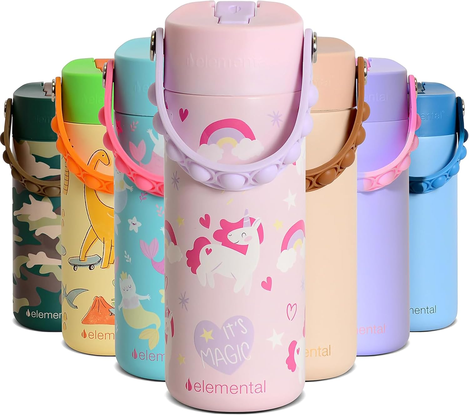 Elemental Insulated Kids Water Bottle, Stainless Steel Bottle with Straw Lid & Stress Reliever Pop-It Handle, Leak-Proof Bottle for School, Travel & Sports, 530Ml Unicorn Magic - Orange Tie Dye image number 2