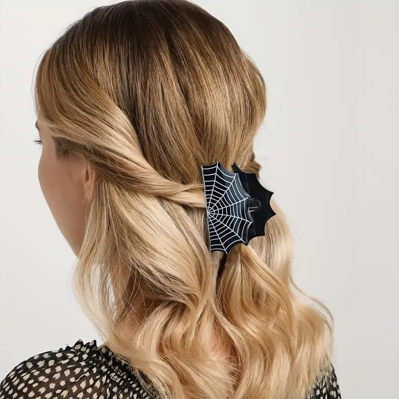 Halloween Hair Claw Clips Hair Claw for Women 1Pcs Black Web Hair Claw Clips for Thick Hair Black Hair Clips Hair Clips Resin Hair Clips Black Cute Web Halloween Clips Cute Hair Clips Accessories image number 4