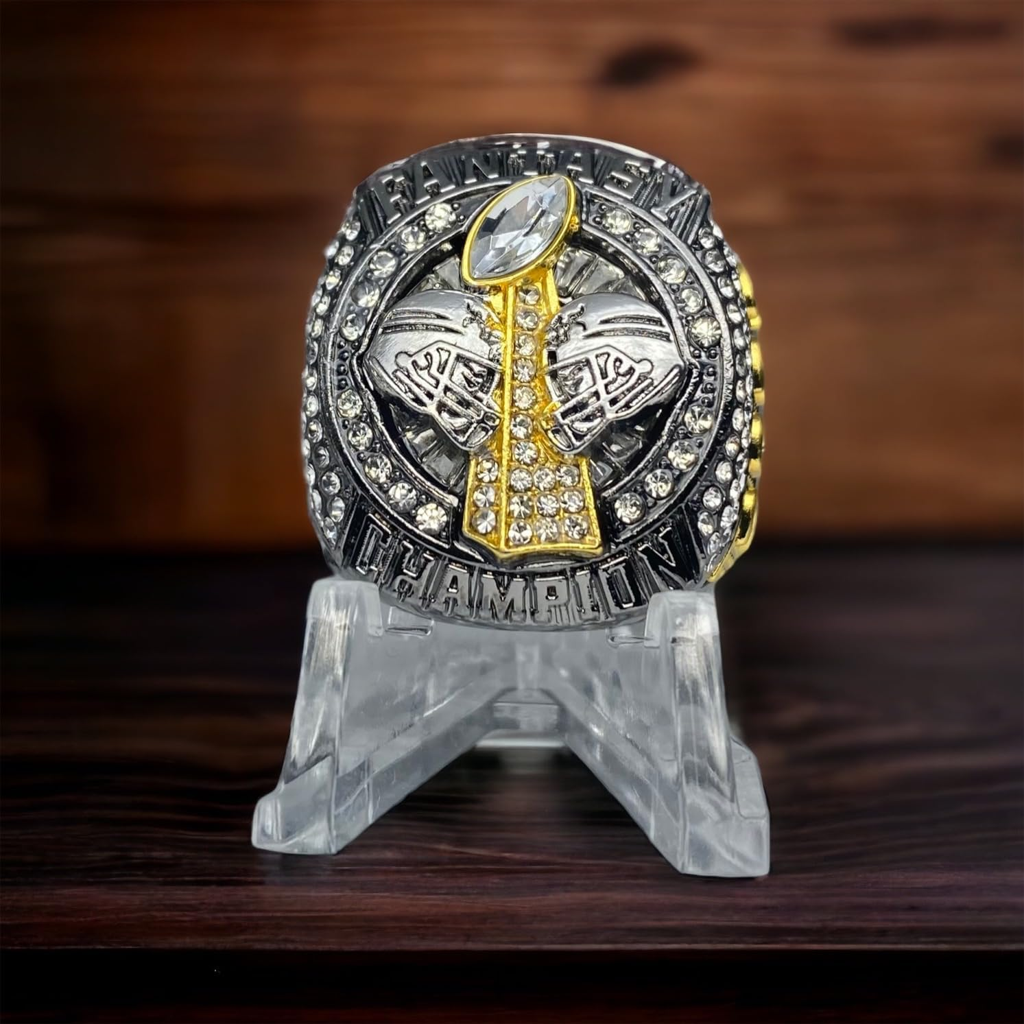 Legacy Rings 2024 Fantasy Football Championship Trophy Ring | Gunmetal and Gold Tone | Award for FFL Champion Size 11 - Dark Blue Stones image number 4
