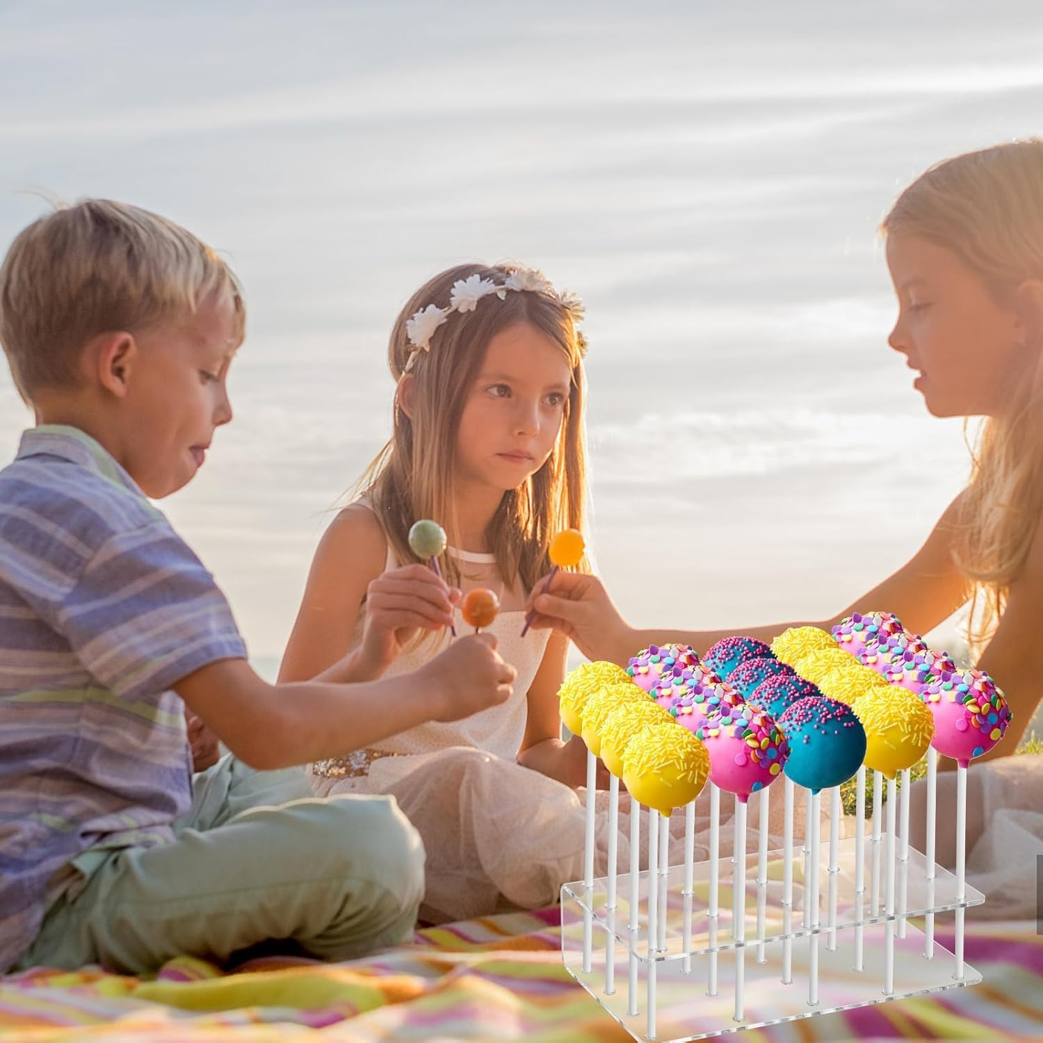 FOTOEVFC Acrylic Cake Pop Stand Holder, 20 Hole Display Stand with 100Pcs Lollipop Paper Sticks, Double Layer Design, Transparent image number 1