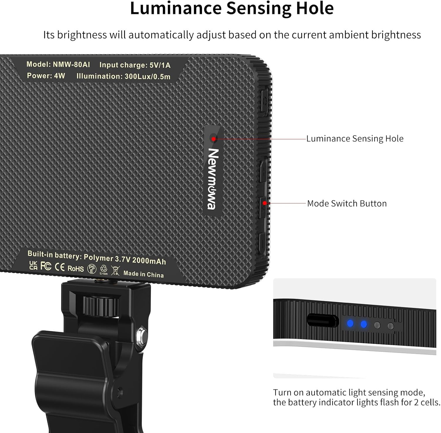 Newmowa Black Rechargeable Selfie Light - Portable Clip Video Light for Phone/Laptop/Camera with Smart Light Sensor,3 Light Mode,2000Mah Battery Phone Light for Selfie/Makeup/Video Conference/Tiktok