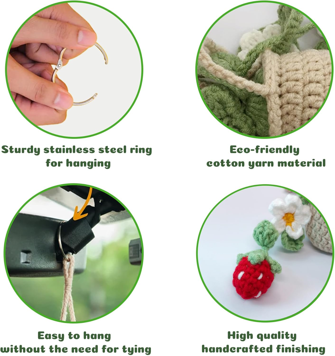 Cute Crochet Daisy Strawberry Hanging Plant for Car Accessories, Aesthetic Decor Rear View Mirror Hanging Ornament for Women and Men, Handmade Cute Car Interior Decor Accessories Gift - Berry image number 2