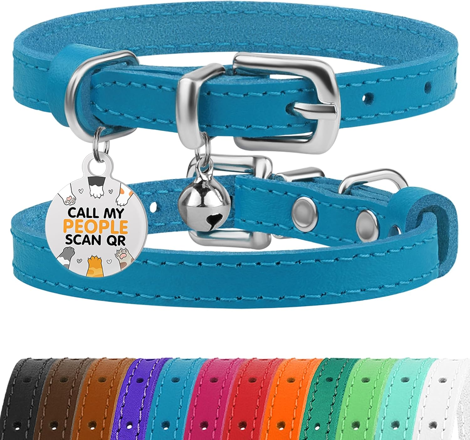 BRONZEDOG Leather Cat Collar with Removable Bells Non Breakaway Kitten QR Tag for Girl Boy (7" - 9" for Cats, Blue & Silver)
